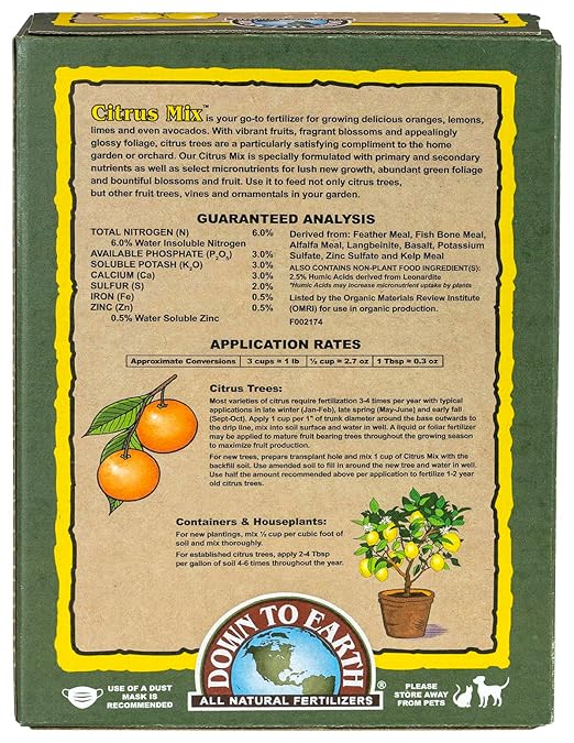 Down To Earth All Natural Fertilizers Organic Citrus Mix - Plant Food for Lemons Limes Oranges and Avocados 6-3-3 5 lb