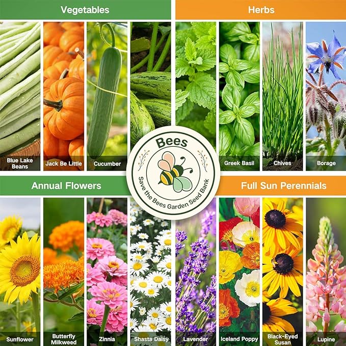 Lush&ampDew Save Bees Garden Seed Bank Gardening Gift for Women Men16 Varieties Non-GMO Heirloom Pollinator-Friendly Flower Herb Seeds Kit Planting in Raised Beds Outdoors Milkweed Poppy Lupine