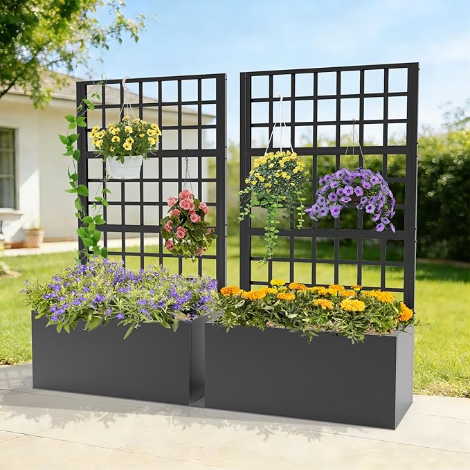 Metal Planter Box with Trellis - 63*31.5*15.8 Plastic-Coated Rustproof Trellis Planter Raised Garden Bed with Trellis Privacy Screen with Planter Box for Garden Balcony Patio