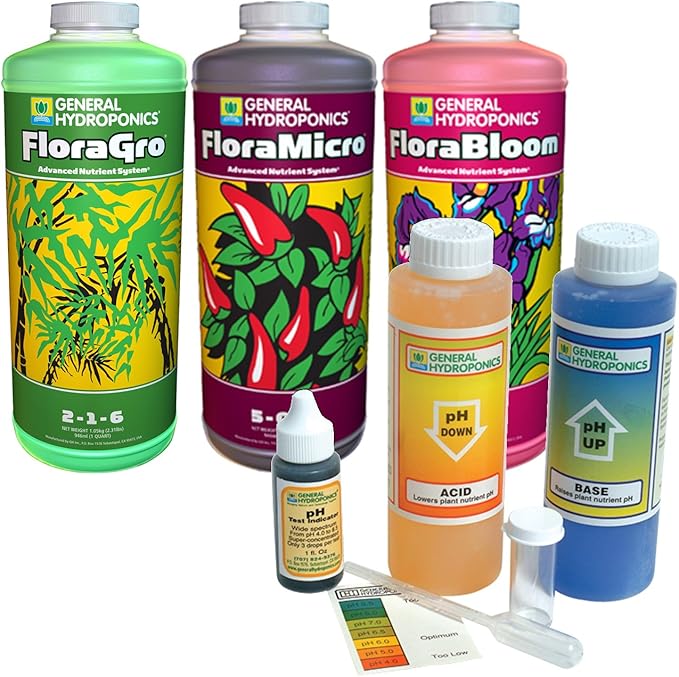 General Hydroponics GLCMBX0010 Flora Gro Micro &amp Bloom 1 Quart with Ph Control Kit Combo Fertilizer
