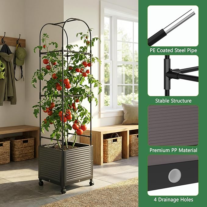 Raised Garden Bed Planter Box with Trellis 61''H Tomato Planters for Climbing Plants Vegetable Vine Flowers Outdoor Patio Tomato Cage Self Watering Planter with Wheels
