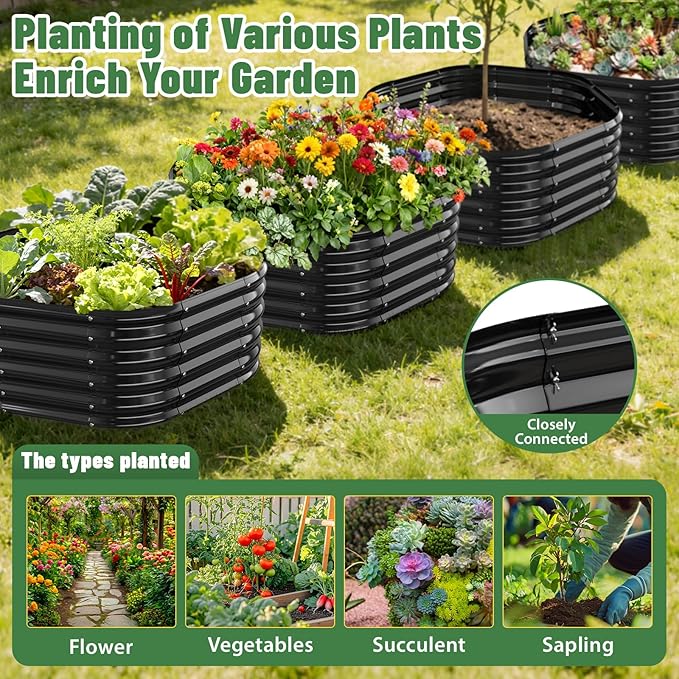 Hexagon Raised Garden Bed 48 Inch Diagonal &amp 16.5 Inch Tall Galvanized Steel Planter Box with Wave-Shaped Metal Panels for Outdoor FlowerTreeHerb &amp Vegetable Garden (Black 4FT X 1.5FT)