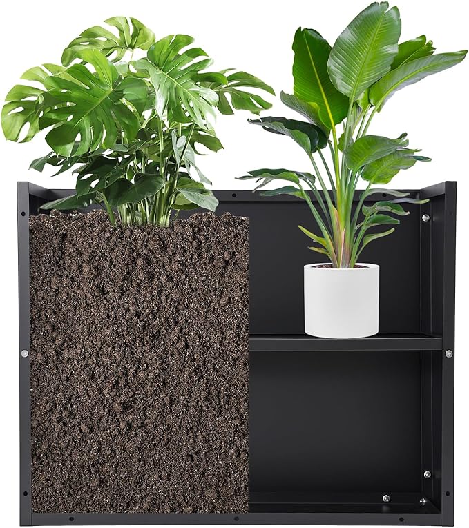 Metal Raised Garden Bed 36 * 10 * 28in Steel Rectangular Planter Flower Box with Intermediate Shelf for Indoor Outdoor Balconies Gardens Decks Patios Decks Front Porches (Black)