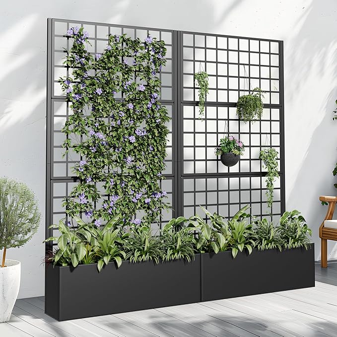 Casaphoria Metal Raised Garden Bed with Trellis and Wheels 72x35x16 Planter Box for Climbing Plants Vegetables &amp Vines Features Drainage Holes and Privacy Screen (Black-Grid)