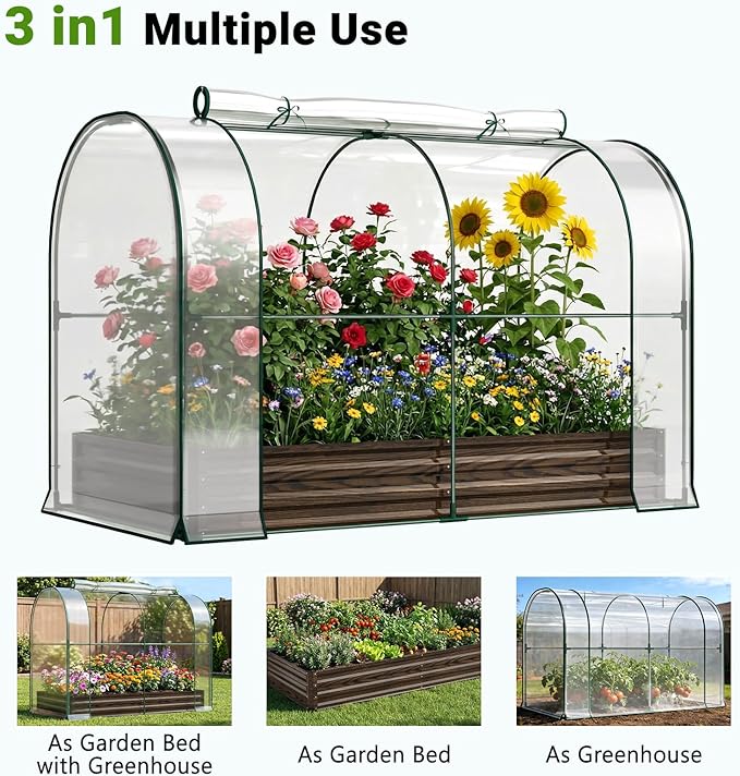 DoCred Galvanized Raised Garden Bed with PVC Cover 84.6 x 45.3 x 47.2 Metal Planter Bottomless Box w/Roll-Up Window Mini Greenhouse Tent for Outdoor Growing Vegetables Flower Fruit
