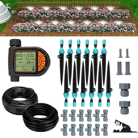 Breeze Touch 120FT Automatic Drip Irrigation Kits with Garden Timer Garden Watering System for Lawn Quick Connector Design Irrigation System Kit with Easy Programmable Water Timer