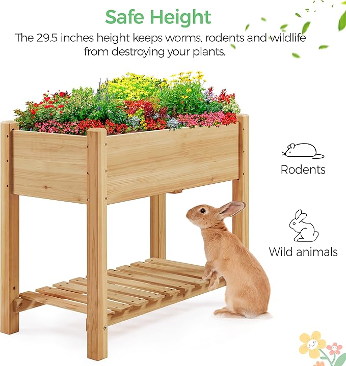 Yaheetech 34x18x30in Horticulture Raised Garden Bed 2pcs Planter Box with Legs &amp Storage Shelf Wooden Elevated Vegetable Growing Bed for Flowers Backyard Patio Balcony Light Brown