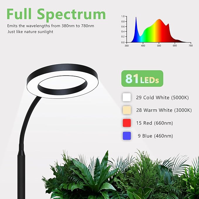 Grow Light for Indoor Plants Full Spectrum Led Plant Growing Lights with Stand Tall Halo Floor Growth Lamp with Timer Height Adjustable Dimmable Brightness for Large Plants