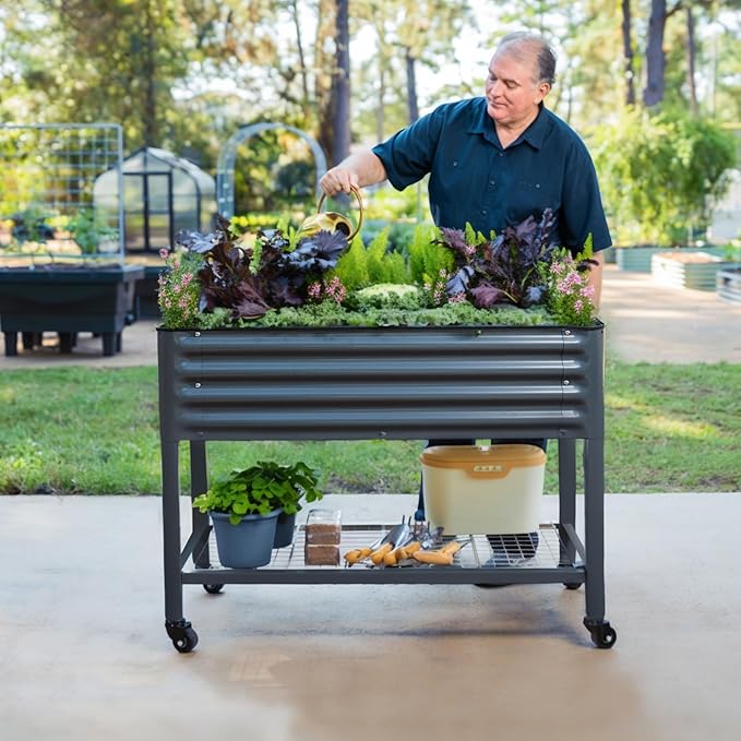 Rolling Elevated Raised Garden Bed-V Series 2' x 4' Garden Beds with Legs &amp Storage Rack for Patio &amp Porch 700 Lbs Weight Capacity Outdoor Planter Box for Vegetables Flower Herbs Modern Gr