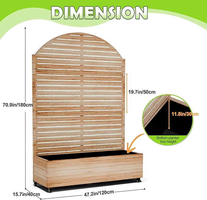 Metal Trellis Planter Box for Climbing Plants Large Raised Garden Bed with Trellis and Wheels 47 L Standing Privacy Planter for Patio with Drainage Holes (Acacia Wood Grain Louvered)