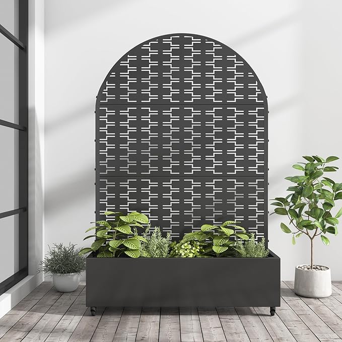 Casaphoria Metal Raised Garden Bed with Trellis and Wheels 72x47x16 Arched Planter Box for Climbing Plants Vegetables &amp Vines Features Drainage Holes and Privacy Screen (Black-Brick)