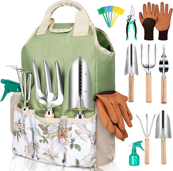 Gardening Tool Set 10 Pieces Heavy Duty Stainless Steel Garden Tool Set Hand Tools with Roomy Lightweight Floral Tote Bag Rust-Proof Garden Tools for Gardening Ideal Gardening Gifts for Women Mom