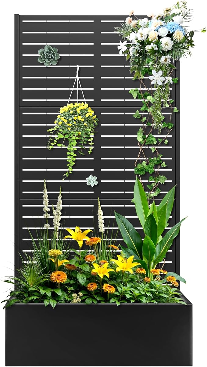 Trellis for Climbing Plants OutdoorMental Garden Bed with Drainage Holes Outdoor Privacy Screen Design Tall planters for herb Flower Vegetables 73x35x16 Black-Louvered