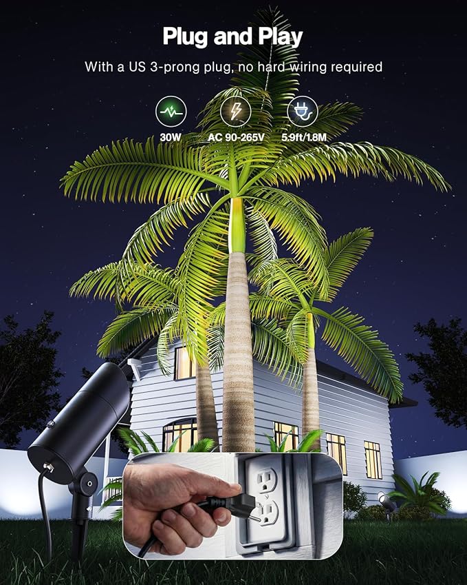 HIBOITEC 30W Spot Lights Outdoor Dusk to Dawn 120V Plug in Flag Pole Light 3000LM 5000K LED Waterproof Landscape Spotlight for Yard Garden Tree Statue 5.9 FT Cord with Plug
