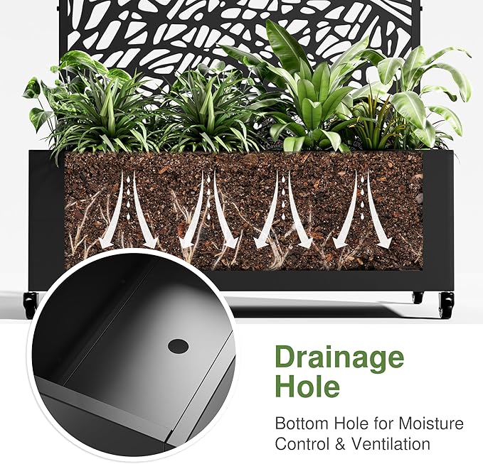 Casaphoria Metal Raised Garden Bed with Trellis and Wheels 72x35x16 Planter Box for Climbing Plants Vegetables &amp Vines Features Drainage Holes and Privacy Screen (Black-Net)