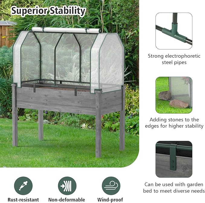 Giantex Raised Garden Bed with Mini Greenhouse w/Dual Zipper Door 48”x22”x54” Planter with Green House for Patio Lawn Garden Easy Assembly (Gray &amp White)