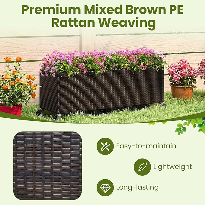 Raised Garden Bed with Wheels - All-Weather PE Rattan Wicker Elevated Garden Bed with Removable Liner &amp Lockable Wheels Indoor Outdoor Planter Box for Vegetable Flower Herb Fruit (1)