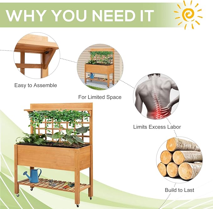 Outsunny 41 Raised Garden Bed with Trellis on Wheels Wooden Elevated Planter Box with Legs and Bed Liner for Flowers Herbs &amp Vegetables Brown