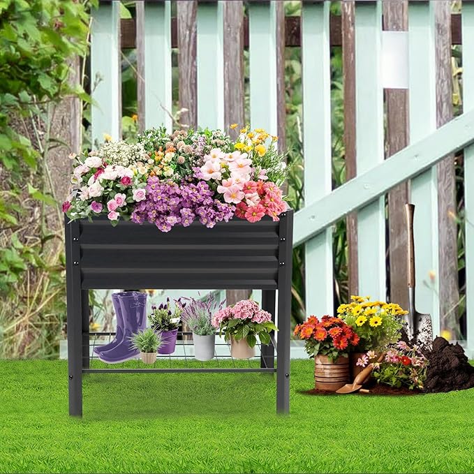 Raised Garden Bed with Legs and Shelf 2pcs 32x20x31.5 Elevated Metal Planter with Legs for Outdoor Vegetables and Herbs Standing Raised Beds for Balcony Patio Lawn and Backyard
