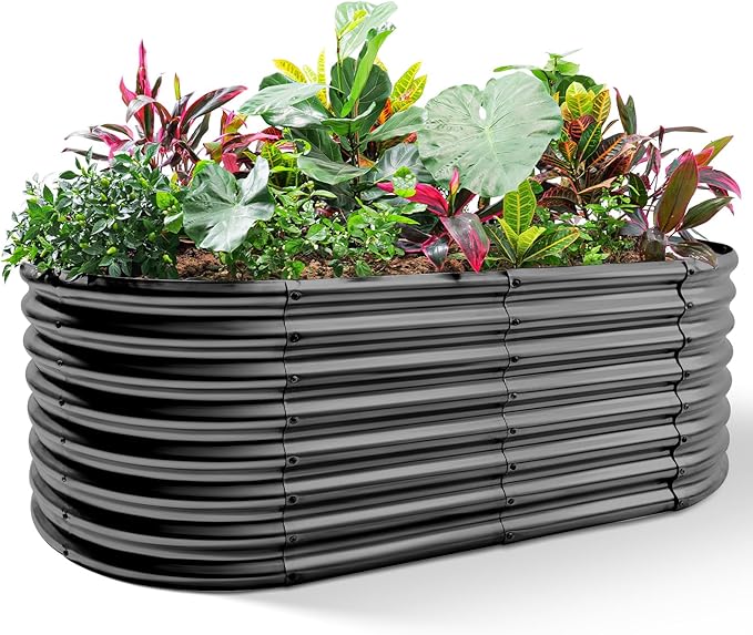 Land Guard Galvanized Raised Garden Bed 8x4x2ft Planter Boxes Outdoor Oval Larger Metal Planter Boxes for Vegetables Fruits Flowers (Grey)