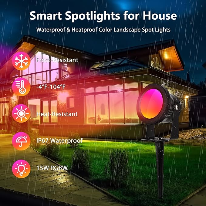 Spotlight Outdoor Control with Smart APP 2 Pack 15W RGBW Landscape Lighting Dimmable Color Changing IP67 Waterproof Spot Light Warm Flood Light for House Pathway Garden Yard Tree