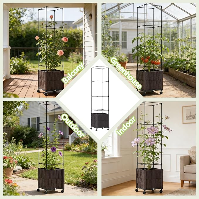 Raised Garden Bed Planter Box with Tomato Cage - Self-Watering Tomato Planters with Trellis for Climbing Plants Outdoor - Vertical Gardening Tomatoes Pot with Trellis Wheels for Vegetable Vine