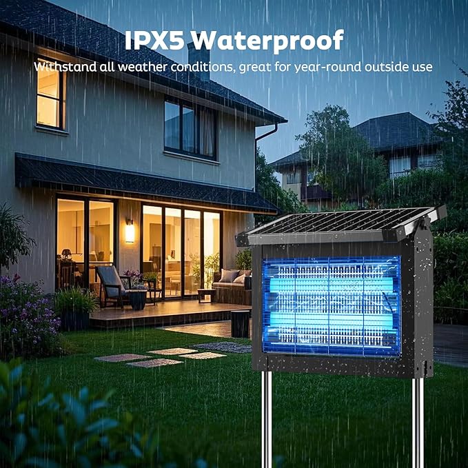 Solar Bug Zapper Outdoor Mosquito Zapper Waterproof Electric Fly Zapper Rechargeable Mosquito Killer Lamp with 10W Solar Panel 4500V Cordless Fly Trap for Backyard Patio Garden RV Camping