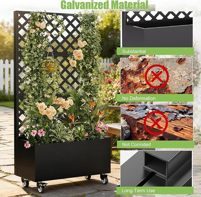 72 Metal Planter Box with Trellis Tall Outdoor Planter Box Raised Garden Bed on Wheels for Climbing Plants Outdoor Flower Planter with Drainage &amp Lockable Casters