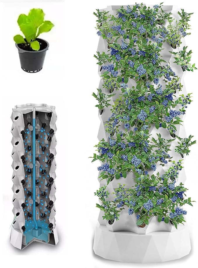 Hydroponics Growing Sys-temHydroponics TowerAquaponics Grow Sys-tem With 48/64/80 Growing Points Aeroponics Growing Kit for Fruits and Vegetables with Hydrating Pump TimerWhite-80Pots