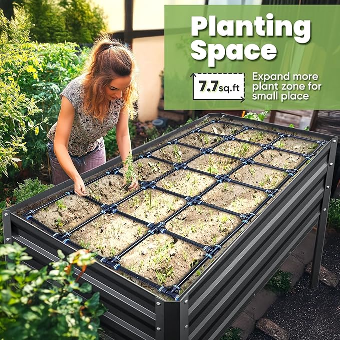 KING BIRD Raised Garden Bed with Irrigation System and Legs Galvanized Elevated Planter Box 48×24×31.5 in for Backyard Patio Balcony 400lb Capacity Dark Grey