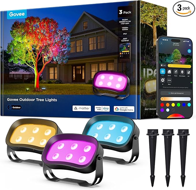 Govee Outdoor Tree Lights 3-Pack RGBWIC LED Landscape Lighting Outdoor Lights for Yard Garden Patio 66 Scene Modes for Holiday Party and Event App Control Google Assistant Matter