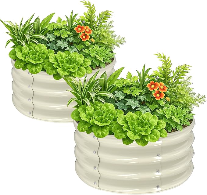 VINGLI 2 PCS Galvanized Raised Garden Beds Outdoor 2x2x1ft Round Raised Planter Boxes Outdoor Metal Raised Garden Bed for Vegetables (White)