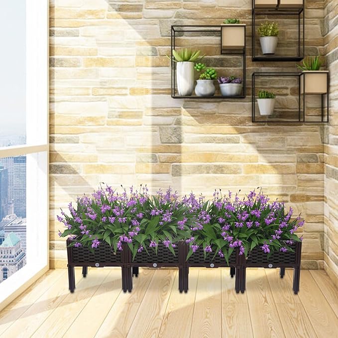 4 Pcs Raised Garden Bed with Legs Outdoor Elevated Planted Box with Drain Holes Plastic Raised Planter Box Set for Gardens Patios Decks Balconies Brown