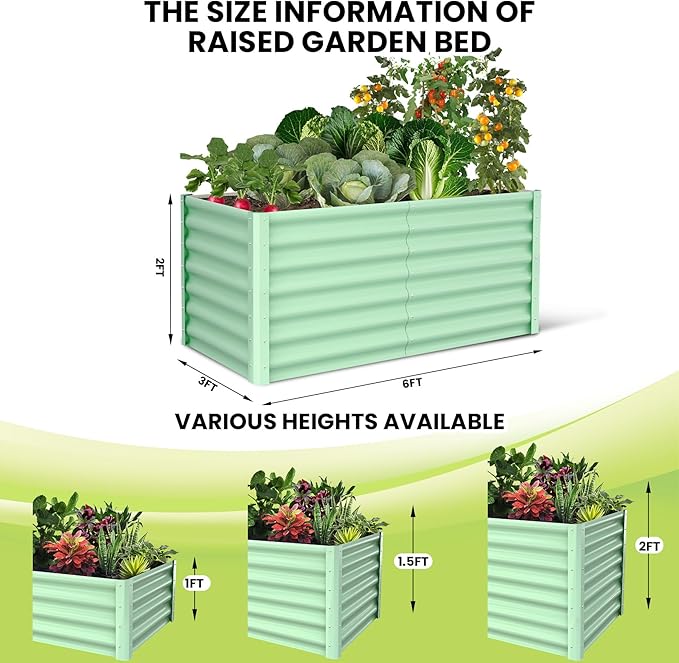 GarveeLife Raised Garden Beds Outdoor 6x3x2 ft Galvanized Raised Garden Bed for Gardening Rectangular Metal Planter Box for Planting Plants Vegetables and Flower Green