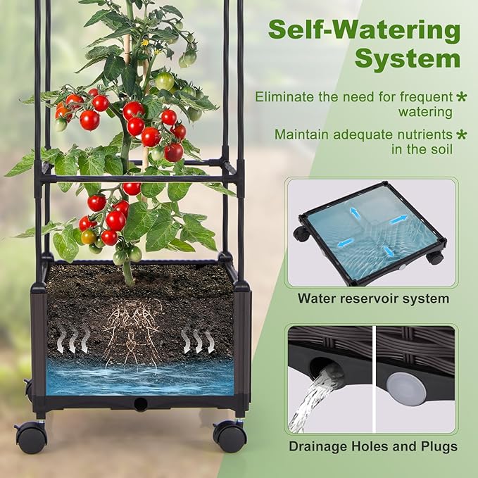 Giantex Set of 2 Raised Garden Bed with Tomato Cages 67” Adjustable Height Self Watering Planter Garden Box with Wheels Trellis for Climbing Plants Vegetable Flower