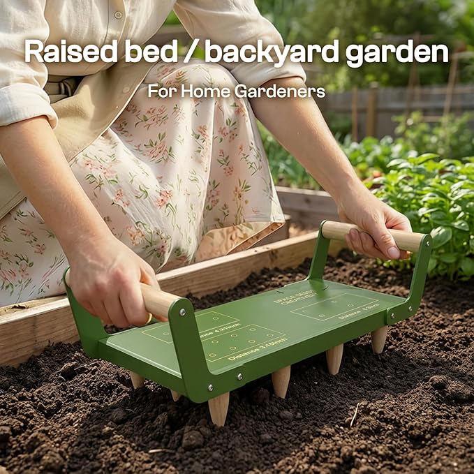 Seed Spacer Tool - Innovative Steel Gardening Template for Organized Planting &amp Bigger Yields – DIY Layout with Interchangeable Pegs Ergonomic Wooden Handle