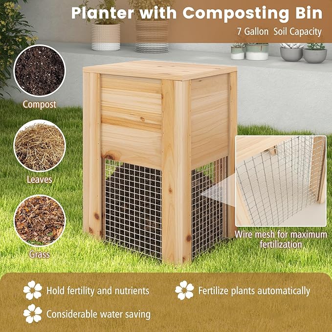 Wood Raised Garden Bed - 49 x 49 x 10 Elevated Garden Bed with Compost Bin for Outdoor Gardening and Planting Bottomless Planter Box for Deep-Rooted Vegetables Herbs Flowers and Fruits
