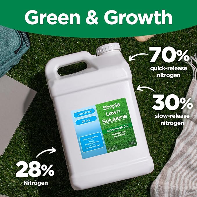 Maximum Green &amp Growth Fertilizer High Nitrogen 28-0-0 Lawn Food Liquid Fertilizer- Spring &amp Summer- Any Grass Type- Simple Lawn Solutions - Concentrated Quick &amp Slow Release Formula (2.5