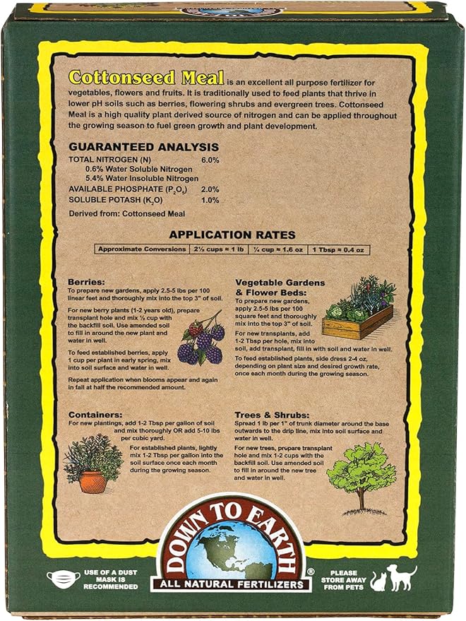 Down To Earth All Natural Fertilizers Organic Cottonseed Meal - Plant Food for Low pH Acid Soil Loving Plants 6-2-1 5 lb