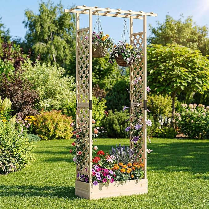 Giantex Wooden Raised Garden Bed with Trellis &amp Hanging Roof 2 Pack Fir Wood Planter Box 89” Freestanding Elevated Garden Bed for Outdoor Climbing Plants Vegetables Flowers Patio &amp Balcony
