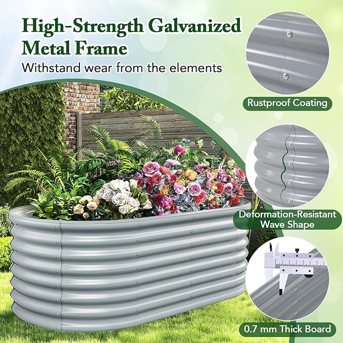 Giantex 5x3x2ft Raised Garden Bed Large Metal Elevated Oval Planter Bed 193 Gallon Capacity Outdoor Planting Garden Box for Vegetable Flower Herb Grow (Grey)