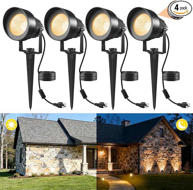 Landscape Spot Lights Outdoor Dusk to Dawn Outdoor Lighting with IP65 Waterproof Auto On/Off 3000K Warm White Plug in Spotlight for Yard Tree Wall Pathway Flag Pole House 4 Pack