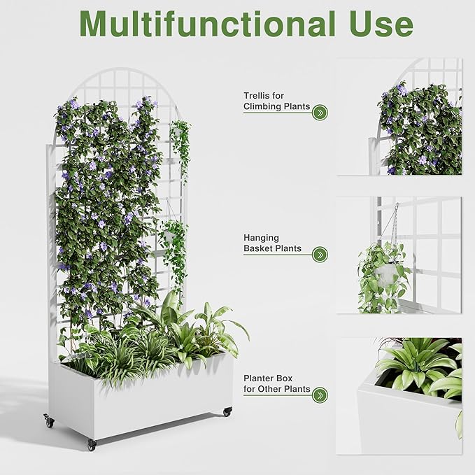 Casaphoria Metal Raised Garden Bed with Trellis and Wheels 72x35x16 Arched Planter Box for Climbing Plants Vegetables &amp Vines Features Drainage Holes and Privacy Screen White-Grid