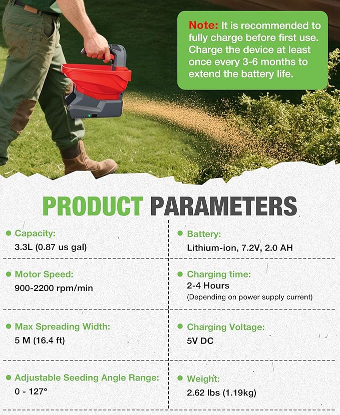 SHALL Battery Powered Fertilizer Spreader 7.2V Rechargeable Seed Spreader for Salt De-Icer Earth Food Grass Seed 8-Level Settings and 3.3L Large Capacity Spreading up to 6458 sq.ft