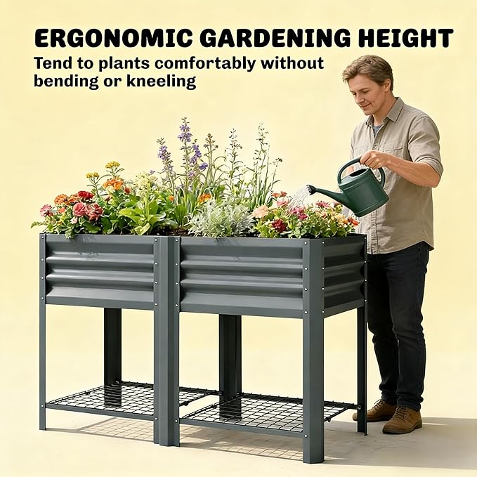 Elevated Outdoor Raised Garden Bed with Legs - 39.6-Gallon Galvanized Steel Planter Box for Patio Herbs Vegetables &amp Flowers - Ergonomic Height 33lb Storage Shelf (Dark Gray)