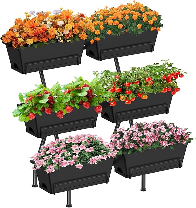 Sunexinlo 3-Tier Vertical Garden Planter with 6 Boxes 31 Tall Raised Garden Bed with Adjustable Feet for Herbs Flowers Vegetables Ideal for Indoor Outdoor Patio Balcony Deck Use Black