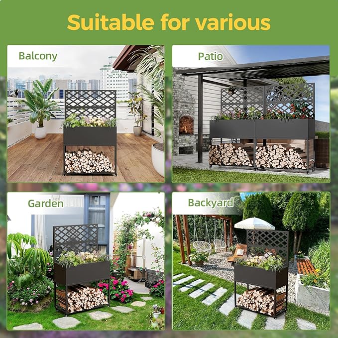 Raised Garden Bed with Trellis Metal Raised Planter Box with Trellis Privacy Planters for Patio Raised Garden Beds Outdoor Standing with Drainage Holes Wheels Black