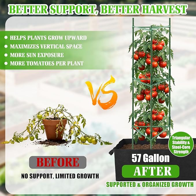 3-Pack Tomato Cage with 57 Gallon Raised Garden Bed - Anti Collapse Steel Core Plant Support System for Climbing Vegetables Plants Flowers 48 Adjustable Vertical Tomato Trellis for Garden Balcony