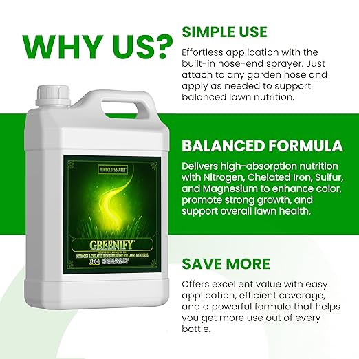 Humboldts Secret Greenify | 12-0-0 Nitrogen &amp 6% Iron Liquid Lawn Fertilizer Concentrate | Chelated Iron Supplement for Healthy Grass Turf and Garden Growth | 1 Gallon Refill for Healthy Growth