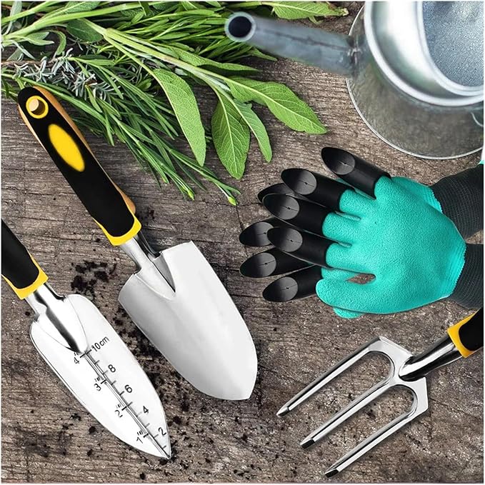 Garden Tool Set 4 Pack with Trowel Cultivator Hand Rake Transplant Gardening Gloves for Weeding Loosening Soil